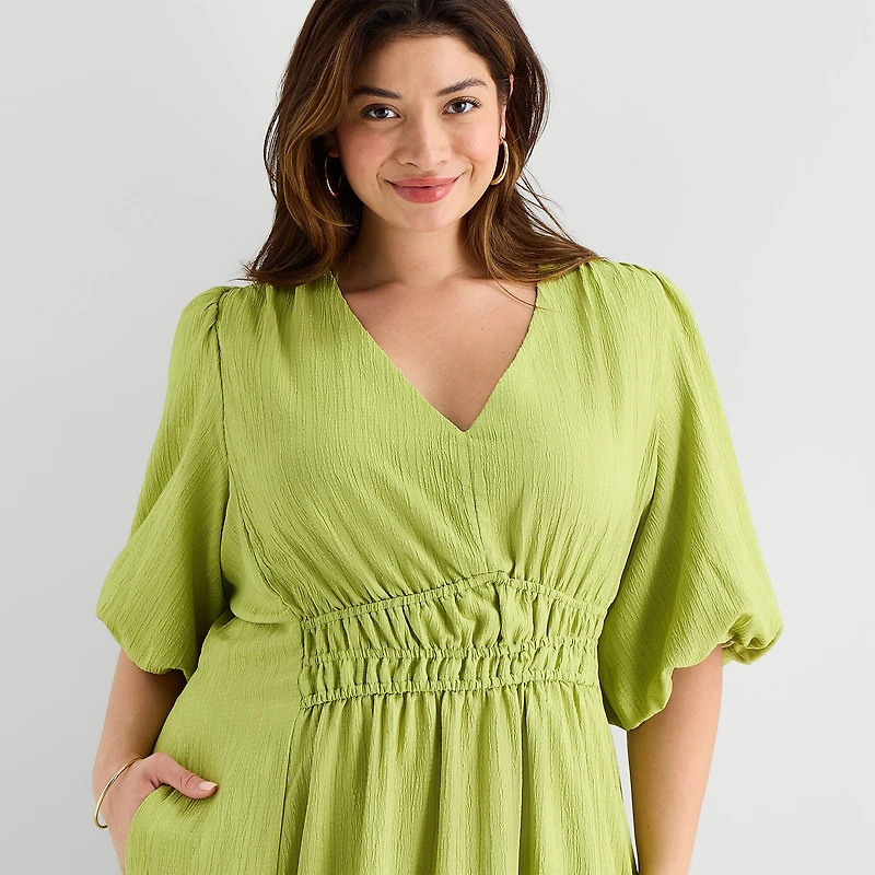 Melonie T Womens Plus Midi V Neck Elbow Sleeve Puffed Fit + Flare Dress