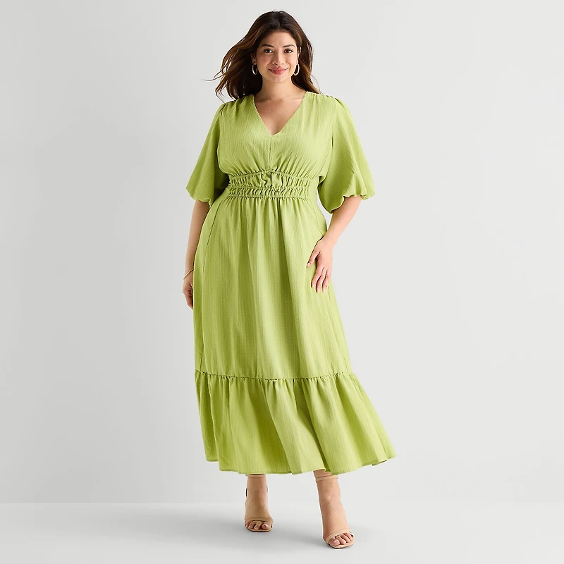 Melonie T Womens Plus Midi V Neck Elbow Sleeve Puffed Fit + Flare Dress