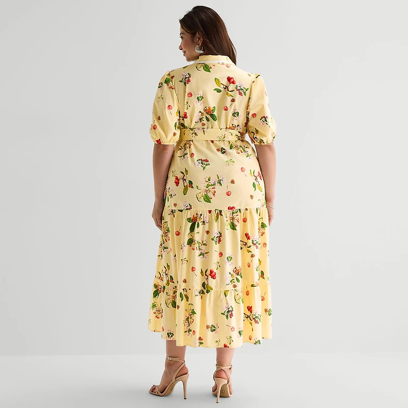 Melonie T Womens Plus Belted Short Sleeve Midi Shirt Dress