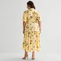 Melonie T Womens Plus Belted Short Sleeve Midi Shirt Dress