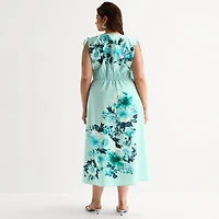 Melonie T Womens Plus Midi V Neck Sleeveless Floral Fit + Flare Dress