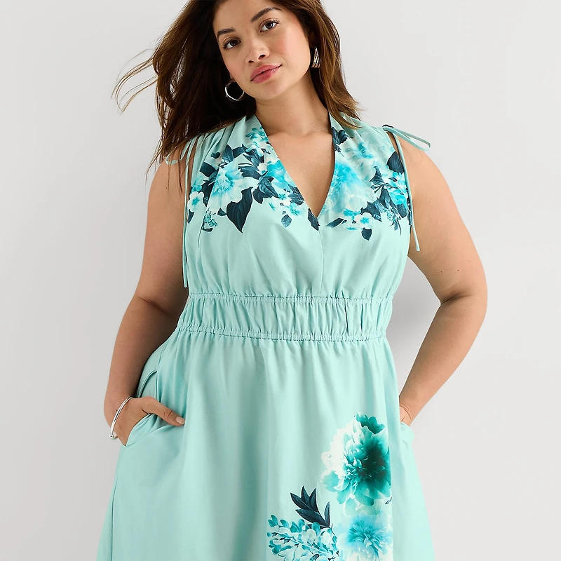 Melonie T Womens Plus Midi V Neck Sleeveless Floral Fit + Flare Dress