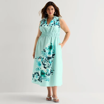 Melonie T Womens Plus Midi V Neck Sleeveless Floral Fit + Flare Dress