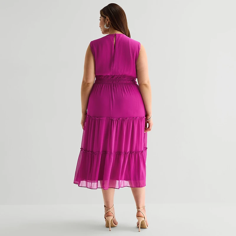 Danny & Nicole Womens Plus Midi V Neck Sleeveless Fit + Flare Dress