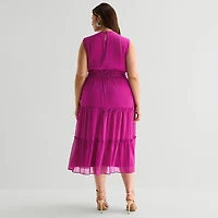 Danny & Nicole Womens Plus Midi V Neck Sleeveless Fit + Flare Dress