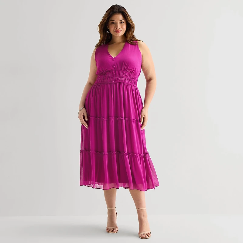 Danny & Nicole Womens Plus Midi V Neck Sleeveless Fit + Flare Dress
