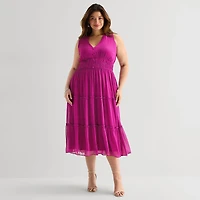Danny & Nicole Womens Plus Midi V Neck Sleeveless Fit + Flare Dress