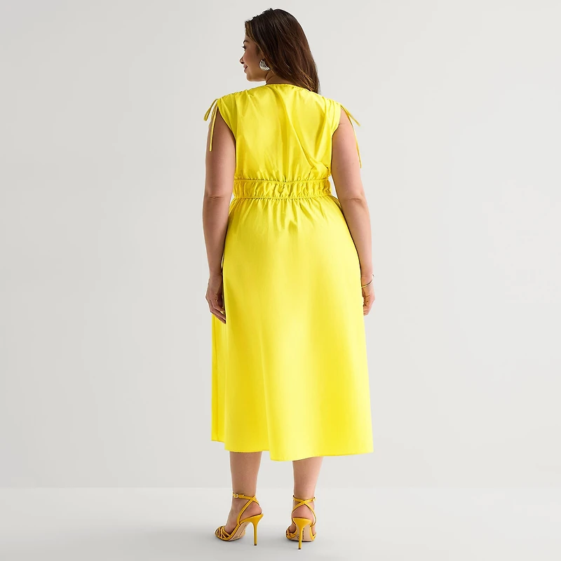 Melonie T Womens Plus Midi V Neck Sleeveless Fit + Flare Dress