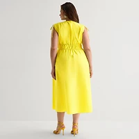 Melonie T Womens Plus Midi V Neck Sleeveless Fit + Flare Dress