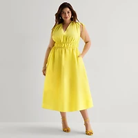 Melonie T Womens Plus Midi V Neck Sleeveless Fit + Flare Dress