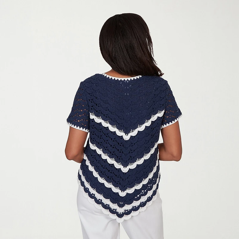 Alfred Dunner Port Side Womens Crochet Crew Neck T-Shirt