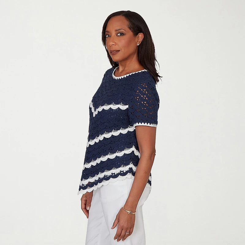 Alfred Dunner Port Side Womens Crochet Crew Neck T-Shirt