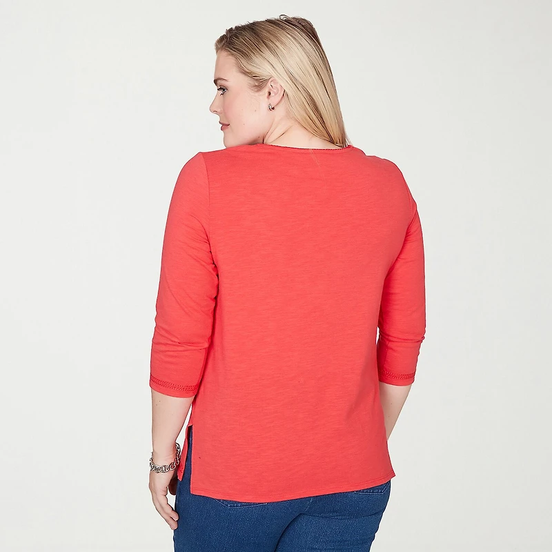 Alfred Dunner Port Side Womens Split Crew Neck 3/4 Sleeve T-Shirt