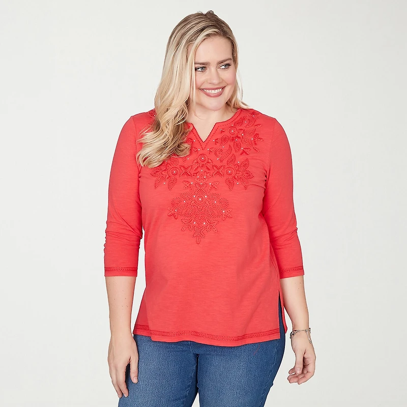 Alfred Dunner Port Side Womens Split Crew Neck 3/4 Sleeve T-Shirt