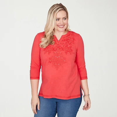 Alfred Dunner Port Side Womens Split Crew Neck 3/4 Sleeve T-Shirt