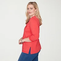 Alfred Dunner Port Side Womens Split Crew Neck 3/4 Sleeve T-Shirt