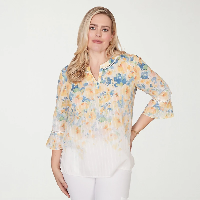 Alfred Dunner Out Of The Blue Womens Split Crew Neck 3/4 Sleeve Blouse