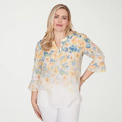 Alfred Dunner Out Of The Blue Womens Split Crew Neck 3/4 Sleeve Blouse