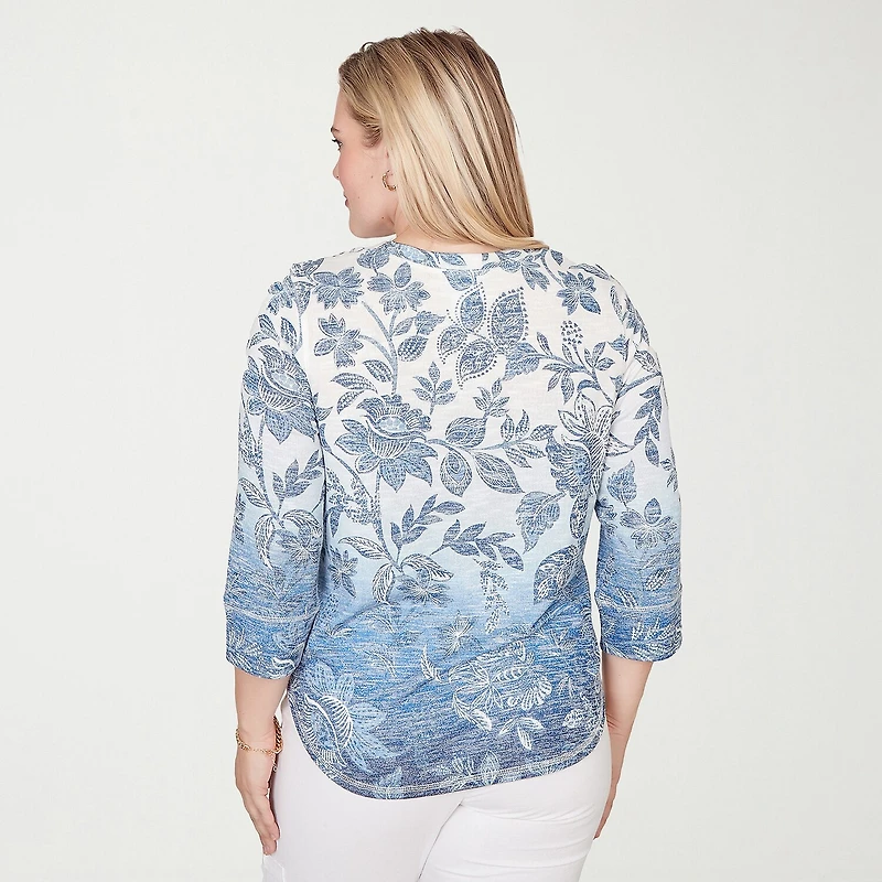 Alfred Dunner Out Of The Blue Womens V Neck 3/4 Sleeve Blouse