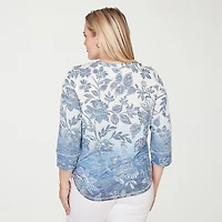 Alfred Dunner Out Of The Blue Womens V Neck 3/4 Sleeve Blouse