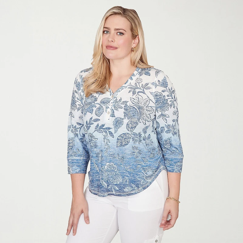 Alfred Dunner Out Of The Blue Womens V Neck 3/4 Sleeve Blouse