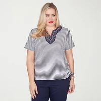 Alfred Dunner Lady Liberty Womens Split Crew Neck Short Sleeve T-Shirt