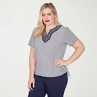 Alfred Dunner Lady Liberty Womens Split Crew Neck Short Sleeve T-Shirt