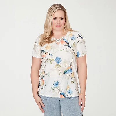 Alfred Dunner Out Of The Blue Womens V Neck Short Sleeve T-Shirt