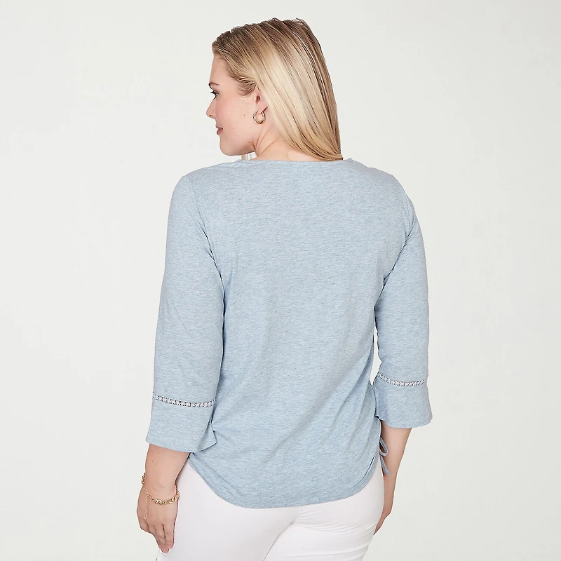 Alfred Dunner Out Of The Blue Womens Keyhole Neck 3/4 Sleeve T-Shirt