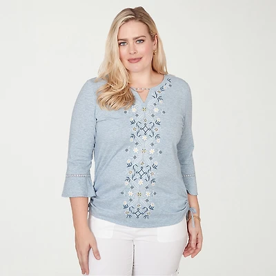 Alfred Dunner Out Of The Blue Womens Keyhole Neck 3/4 Sleeve T-Shirt