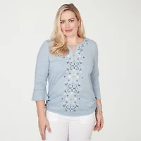 Alfred Dunner Out Of The Blue Womens Keyhole Neck 3/4 Sleeve T-Shirt