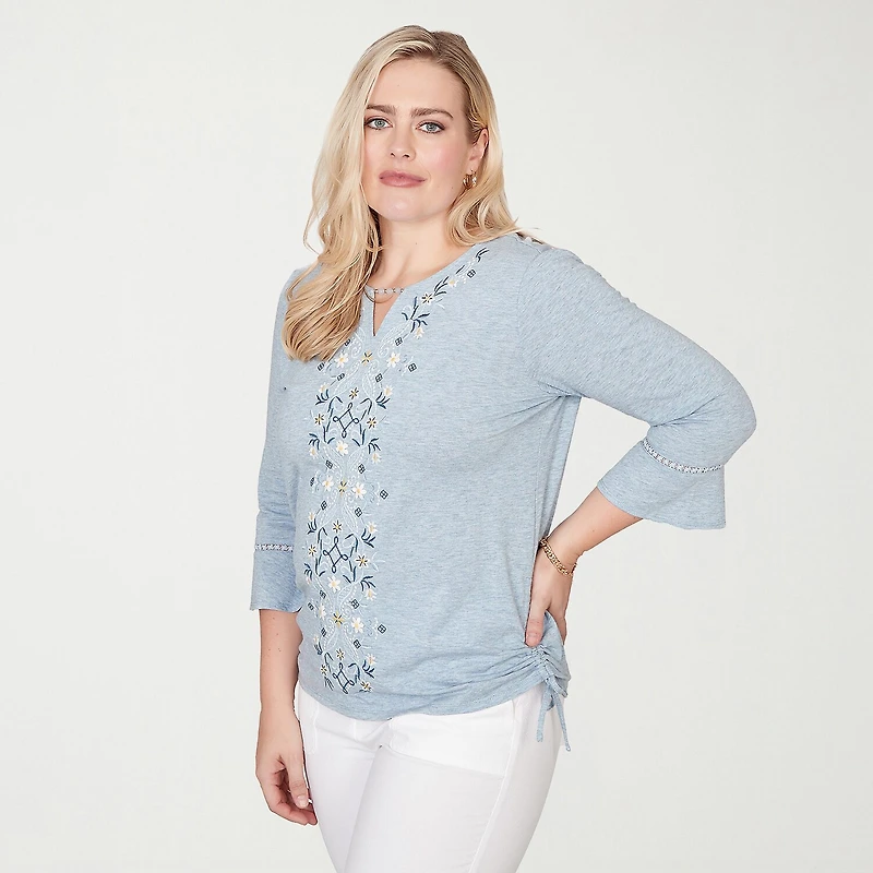Alfred Dunner Out Of The Blue Womens Keyhole Neck 3/4 Sleeve T-Shirt