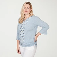 Alfred Dunner Out Of The Blue Womens Keyhole Neck 3/4 Sleeve T-Shirt