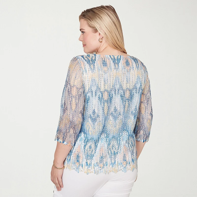 Alfred Dunner Out Of The Blue Womens Crew Neck 3/4 Sleeve T-Shirt