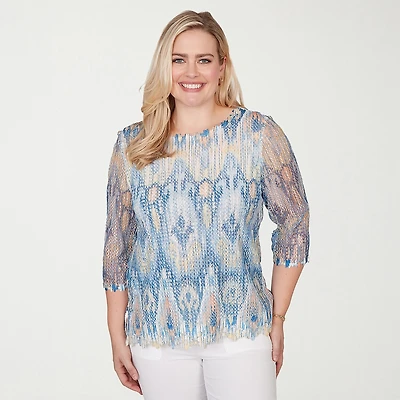 Alfred Dunner Out Of The Blue Womens Crew Neck 3/4 Sleeve T-Shirt