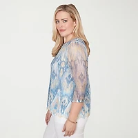 Alfred Dunner Out Of The Blue Womens Crew Neck 3/4 Sleeve T-Shirt