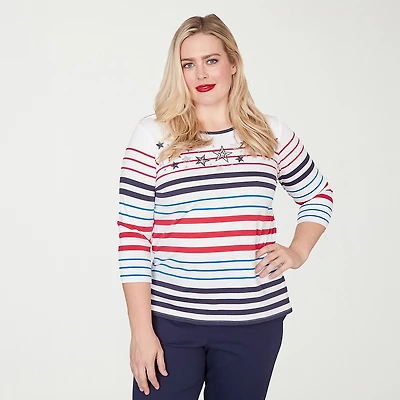 Alfred Dunner Lady Liberty Womens Crew Neck 3/4 Sleeve T-Shirt