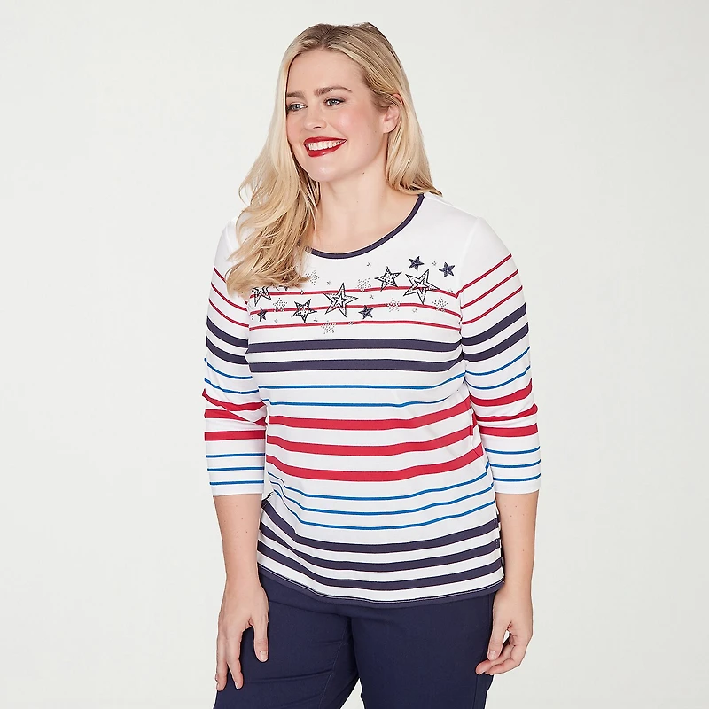 Alfred Dunner Lady Liberty Womens Crew Neck 3/4 Sleeve T-Shirt