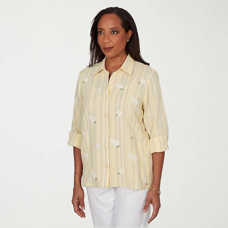Alfred Dunner Out Of The Blue Womens 3/4 Sleeve Embroidered Blouse