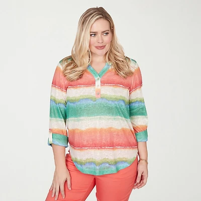 Alfred Dunner Resort Living Womens Y Neck 3/4 Sleeve T-Shirt