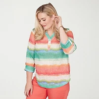 Alfred Dunner Resort Living Womens Y Neck 3/4 Sleeve T-Shirt