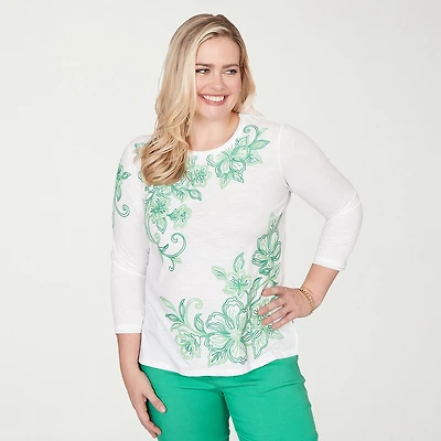 Alfred Dunner Resort Living Womens Crew Neck 3/4 Sleeve T-Shirt