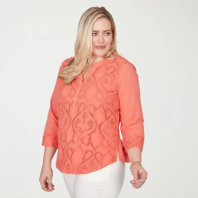 Alfred Dunner Resort Living Womens Split Crew Neck 3/4 Sleeve Lace Lined Blouse