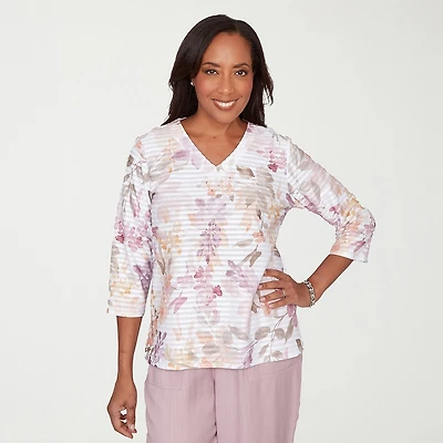 Alfred Dunner Vintage Charm Womens V Neck 3/4 Sleeve T-Shirt