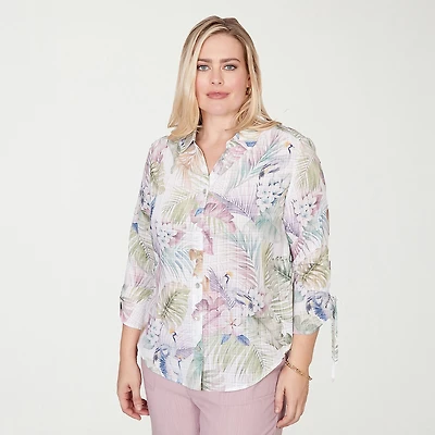 Alfred Dunner Vintage Charm Womens 3/4 Sleeve Regular Fit Button-Down Shirt