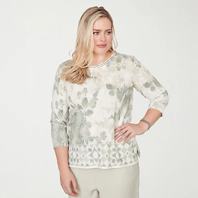 Alfred Dunner Vintage Charm Womens Crew Neck 3/4 Sleeve T-Shirt