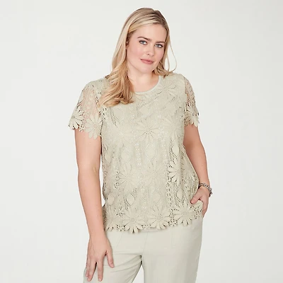 Alfred Dunner Vintage Charm Womens Crew Neck Short Sleeve T-Shirt