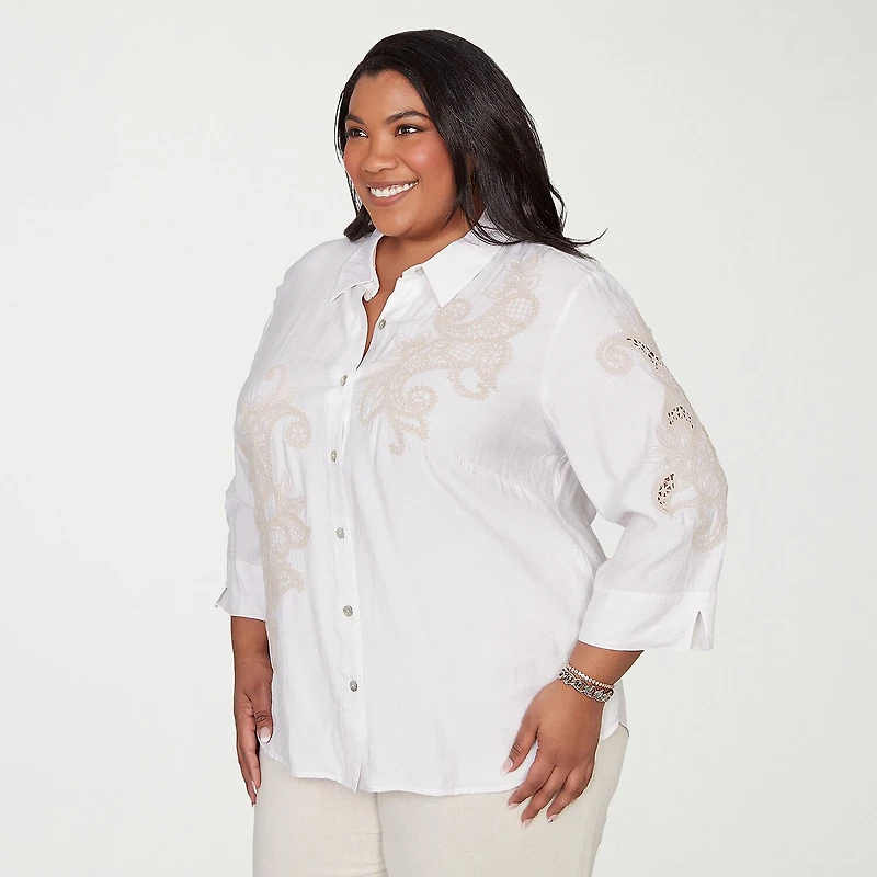 Alfred Dunner Natural Wonder Womens Plus 3/4 Sleeve Blouse