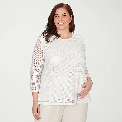 Alfred Dunner Natural Wonder Womens Plus Crew Neck 3/4 Sleeve T-Shirt