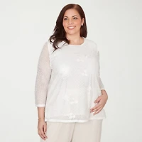 Alfred Dunner Natural Wonder Womens Plus Crew Neck 3/4 Sleeve T-Shirt